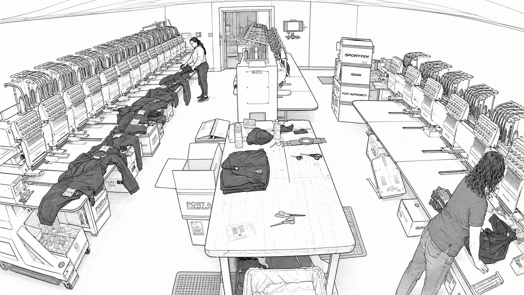 Line-art illustration recreated from the Shirts4Christ multi-head embroidery room