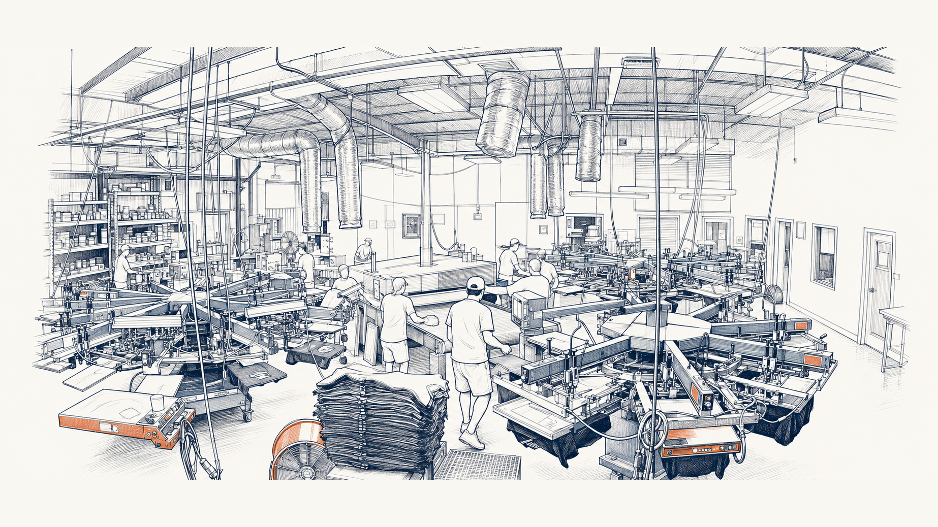 Line-art illustration recreated from the Shirts4Christ screen-printing floor